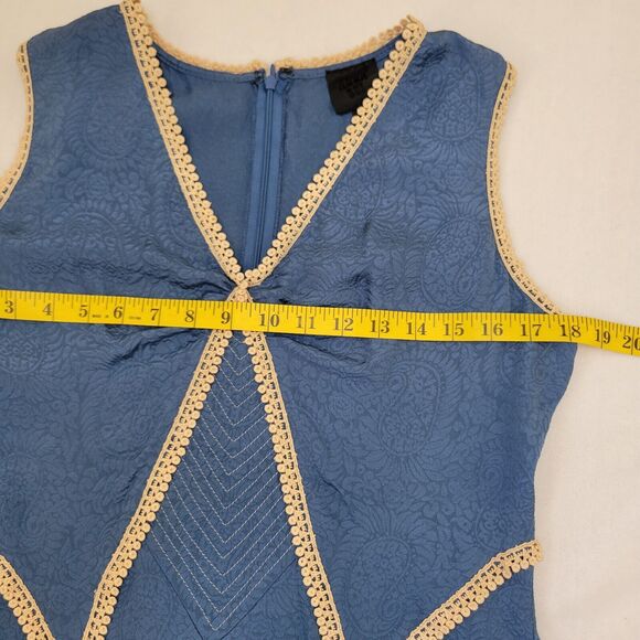 Anna Sui Blue 100% Silk Fit And Flare Tunic Tank Top Crochet Lining Size Small - Picture 9 of 16